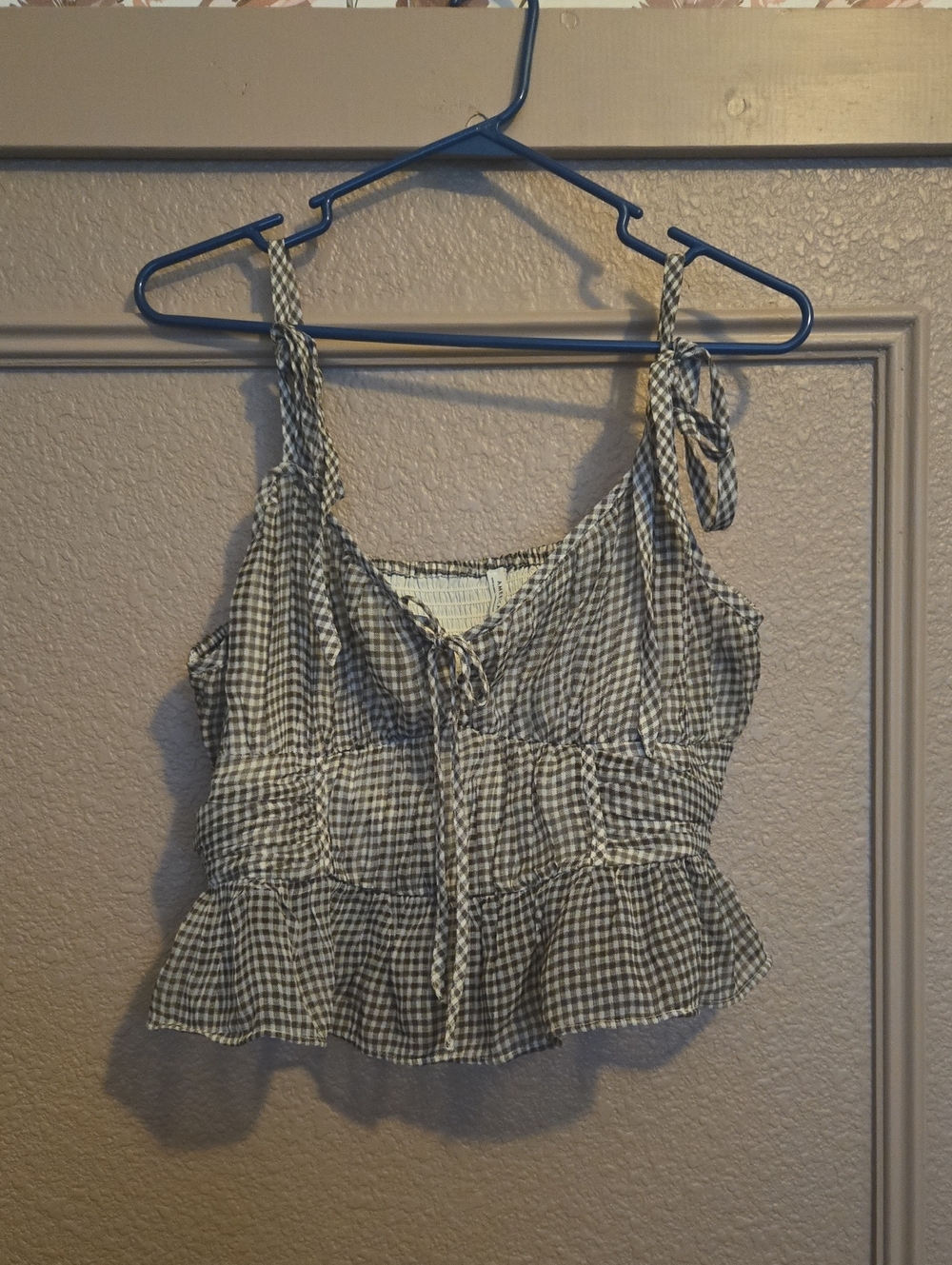 Gingham Tie-Shoulder Ruffled Peplum Tank Top - Brown & White